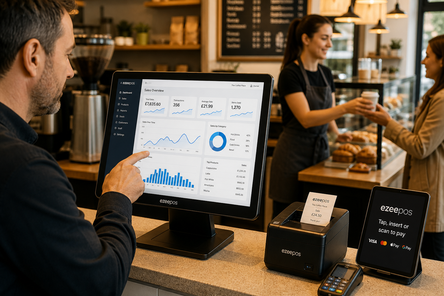 How Better Reporting Helps Independent Retailers and Hospitality Businesses Make Smarter Decisions, a photorealistic commercial photography style image of a modern UK independent cafe counter where a business owner is reviewing EPOS sales reports on a touchscreen POS terminal while a staff member serves customers in the background, the screen clearly showing clean dashboard charts, sales trends and busy-time graphs in subtle blue accents, with a tablet and receipt printer nearby, warm natural lighting, shallow depth of field, premium realistic composition, tidy counter area, friendly professional atmosphere, designed as a WordPress featured image for ezeepos that visually communicates practical reporting insights for retail and hospitality businesses, with the technology as the clear focal point and no unwanted scenery or abstract background