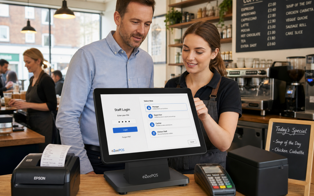 Why Staff Permissions Matter in Retail and Hospitality EPOS Systems, photorealistic commercial blog hero image showing a warm, modern UK café or independent retail counter with a touchscreen EPOS terminal displaying a simple staff login and role-based access screen, a manager standing beside a staff member during a busy but calm service moment, subtle blue interface accents on the screen, clean counter area, natural daylight, shallow depth of field, professional customer service atmosphere, realistic till equipment and receipts nearby, premium but believable composition, technology clearly visible as the focus, suitable for a WordPress featured image for eZeePOS, no exaggerated futuristic elements, no clutter, realistic UK business environment
