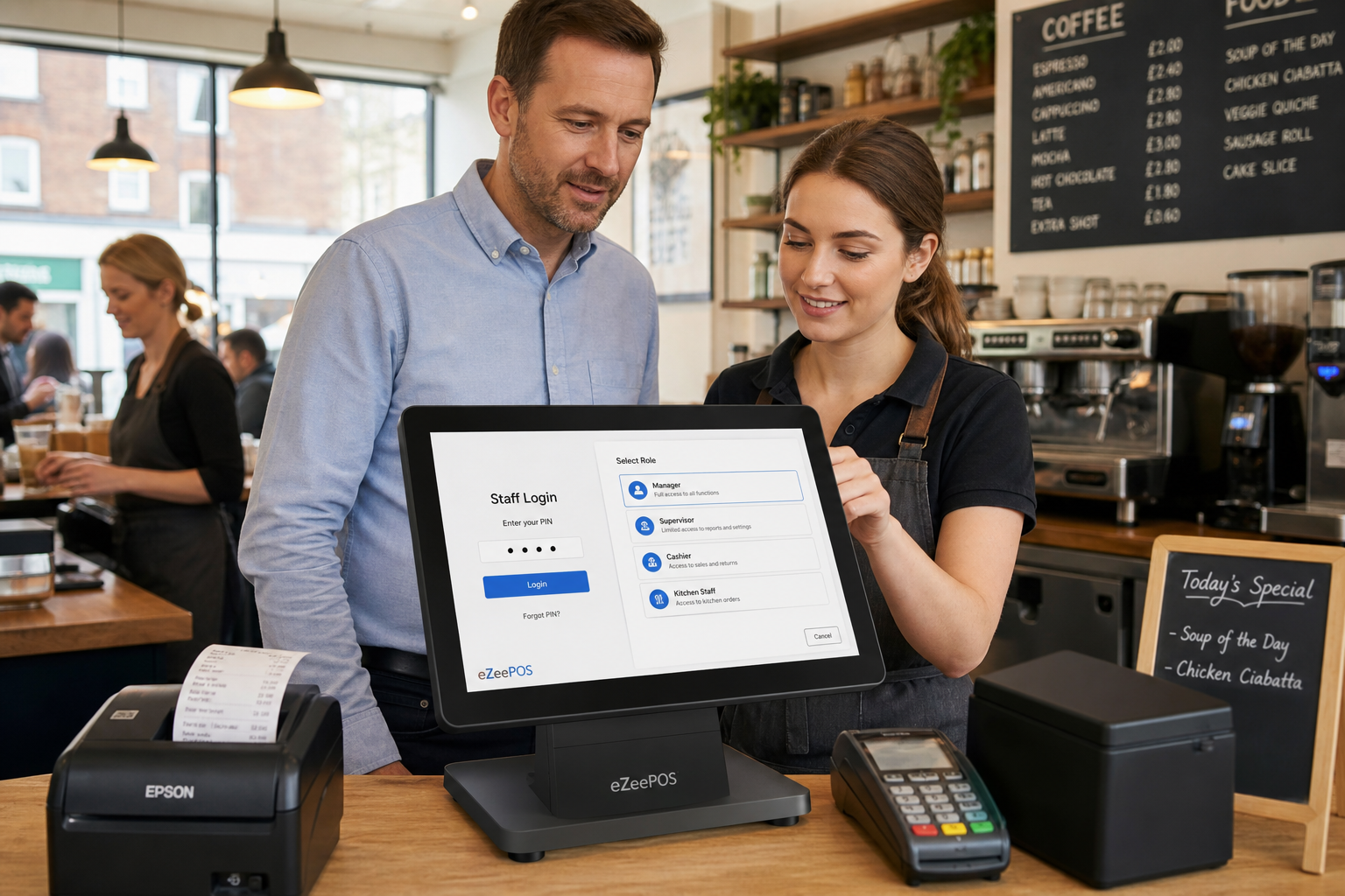 Why Staff Permissions Matter in Retail and Hospitality EPOS Systems, photorealistic commercial blog hero image showing a warm, modern UK café or independent retail counter with a touchscreen EPOS terminal displaying a simple staff login and role-based access screen, a manager standing beside a staff member during a busy but calm service moment, subtle blue interface accents on the screen, clean counter area, natural daylight, shallow depth of field, professional customer service atmosphere, realistic till equipment and receipts nearby, premium but believable composition, technology clearly visible as the focus, suitable for a WordPress featured image for eZeePOS, no exaggerated futuristic elements, no clutter, realistic UK business environment