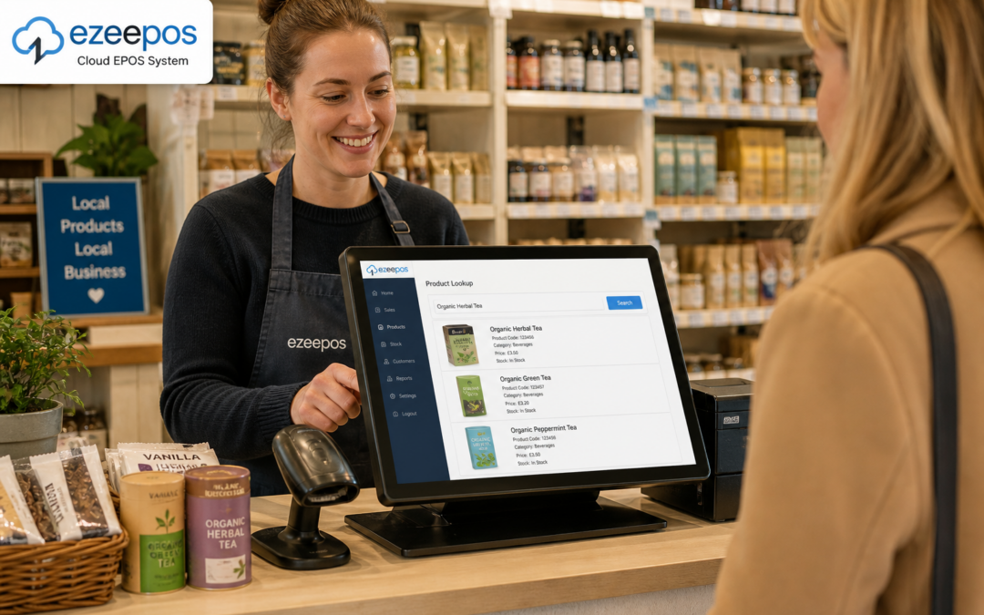 How EPOS Product Lookup Helps Independent Retailers Serve Faster at the Till, photorealistic commercial photography style, warm modern UK retail shop interior with a clean counter area, a friendly staff member using a touchscreen EPOS till to search for a product while serving a customer, barcode scanner beside the terminal, neatly arranged items on display, subtle blue brand accents on the screen interface and small signage, realistic product lookup screen visible on the POS terminal, busy but tidy independent shop atmosphere, shallow depth of field, natural lighting, premium but realistic composition, professional blog hero image for ezeepos, technology and checkout service as the clear focus, suitable for a WordPress featured image