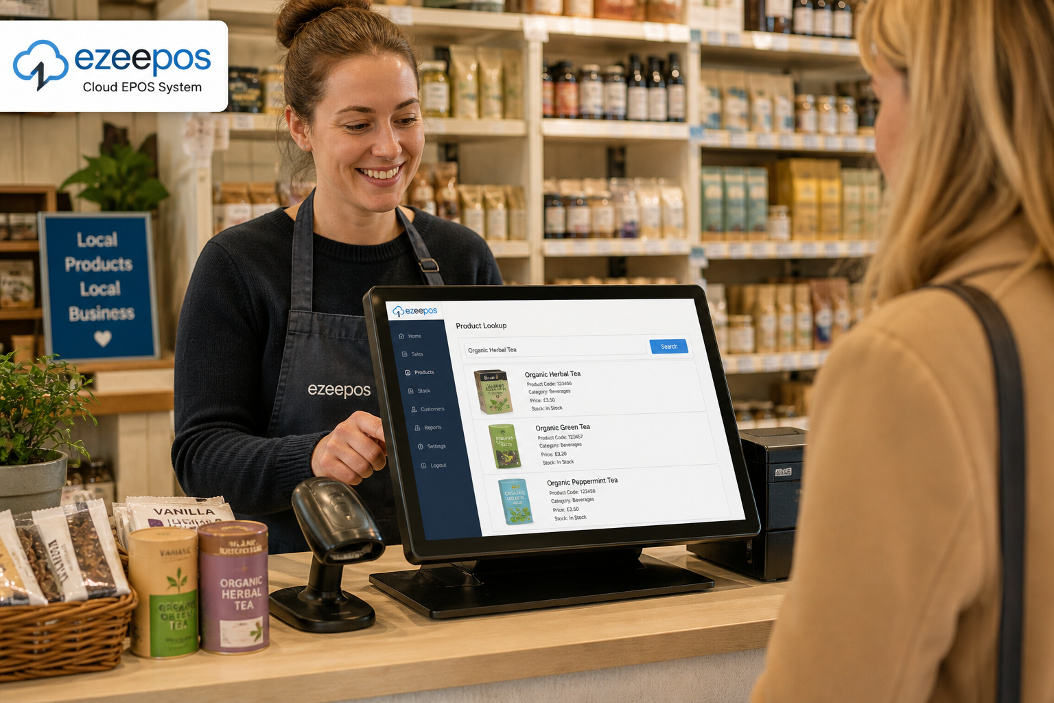 How EPOS Product Lookup Helps Independent Retailers Serve Faster at the Till, photorealistic commercial photography style, warm modern UK retail shop interior with a clean counter area, a friendly staff member using a touchscreen EPOS till to search for a product while serving a customer, barcode scanner beside the terminal, neatly arranged items on display, subtle blue brand accents on the screen interface and small signage, realistic product lookup screen visible on the POS terminal, busy but tidy independent shop atmosphere, shallow depth of field, natural lighting, premium but realistic composition, professional blog hero image for ezeepos, technology and checkout service as the clear focus, suitable for a WordPress featured image