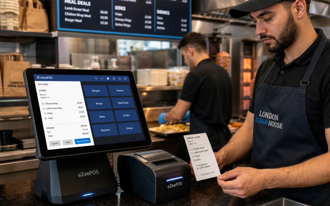 Kitchen Printing for Busy Takeaways: Why Order Accuracy Matters, photorealistic commercial photography style image of a busy UK takeaway counter and compact kitchen handoff area during a dinner rush, with a modern eZeePOS-style touchscreen POS terminal in the foreground sending an order to a neat kitchen printer, a clearly printed order ticket visible, staff member in a branded dark apron checking the ticket while another prepares food behind the counter, warm natural lighting, shallow depth of field, clean professional counter area, subtle blue brand accents on the POS screen and interface, realistic takeaway environment with menu boards softly blurred in the background, premium yet authentic UK hospitality scene designed as a website hero image for an EPOS blog, focused on order accuracy and efficient kitchen workflow