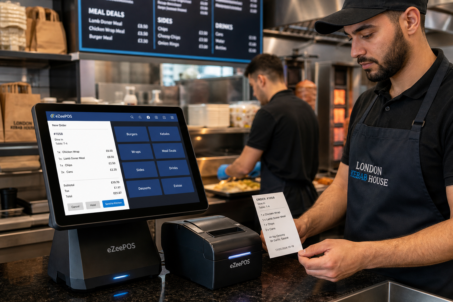 Kitchen Printing for Busy Takeaways: Why Order Accuracy Matters, photorealistic commercial photography style image of a busy UK takeaway counter and compact kitchen handoff area during a dinner rush, with a modern eZeePOS-style touchscreen POS terminal in the foreground sending an order to a neat kitchen printer, a clearly printed order ticket visible, staff member in a branded dark apron checking the ticket while another prepares food behind the counter, warm natural lighting, shallow depth of field, clean professional counter area, subtle blue brand accents on the POS screen and interface, realistic takeaway environment with menu boards softly blurred in the background, premium yet authentic UK hospitality scene designed as a website hero image for an EPOS blog, focused on order accuracy and efficient kitchen workflow