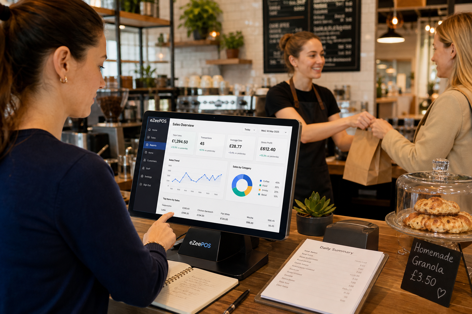 How Better Reporting Helps Small Businesses Make Smarter Decisions, photorealistic commercial photography style featuring a warm, modern UK café or independent retail counter with an eZeePOS-style touchscreen POS terminal clearly showing simple sales charts and reporting dashboards in blue brand accents, a business owner reviewing daily sales trends on the screen while a staff member serves a customer nearby, clean counter area, subtle receipts and notebooks, realistic lighting, shallow depth of field, premium but natural composition, professional blog hero image for ezeepos, technology focused on reporting and business decision-making, no clutter, no abstract background, no illustration style, no fake logos, no unreadable text overload